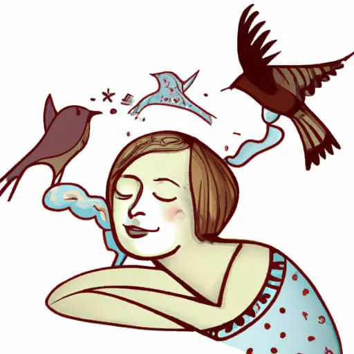 sleeping woman dreaming about many birds