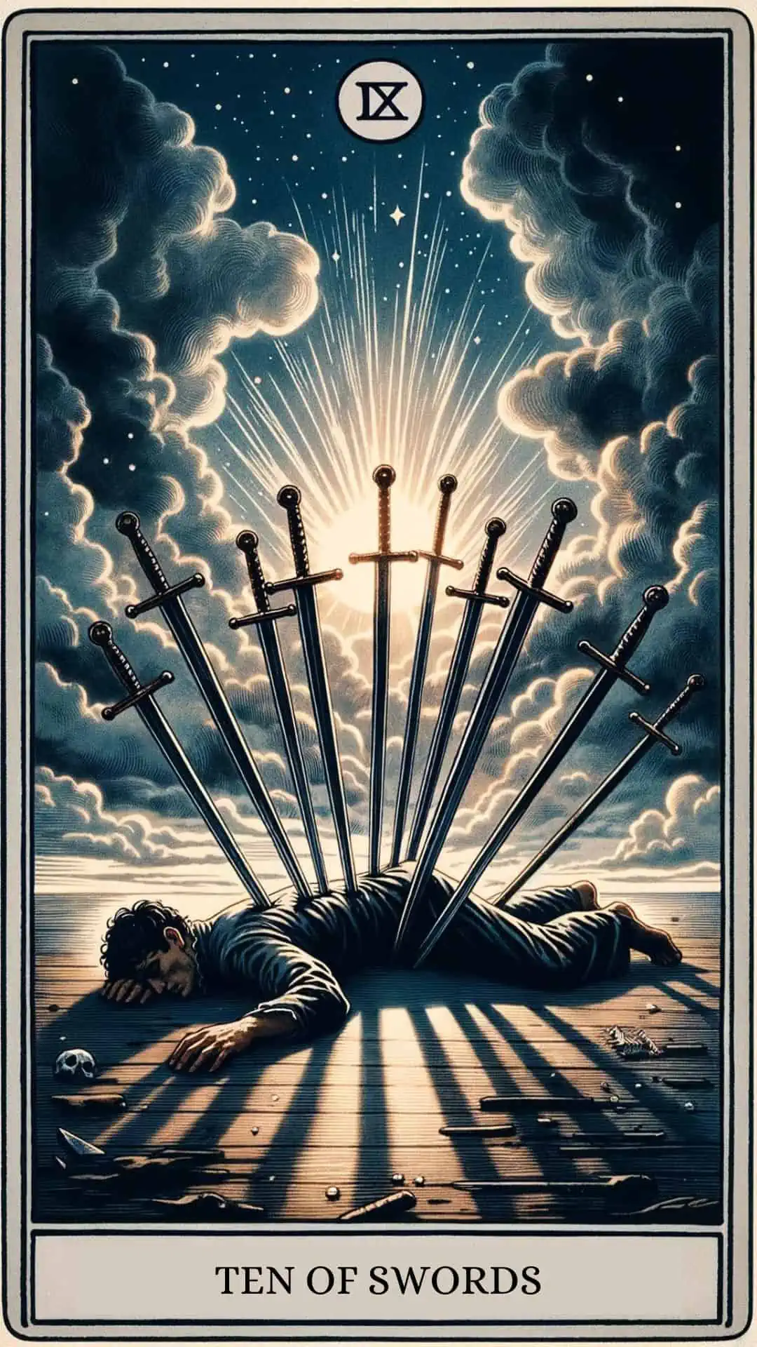 Photo of the Ten of Swords tarot card. A man is depicted lying flat on the ground, with ten swords piercing his back. The sky above him is tumultuous, representing the overwhelming force of betrayal. Despite the somber scene, a glimmer of light appears on the horizon, conveying the message that after every ending, there's a new beginning and a chance for personal growth.