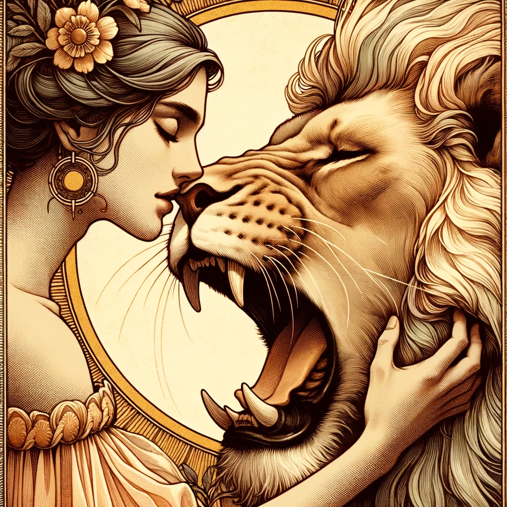 Artistic illustration of Strength tarot card, showcasing a woman gently closing the mouth of a lion, symbolizing courage, determination, and inner strength, set against a golden background.