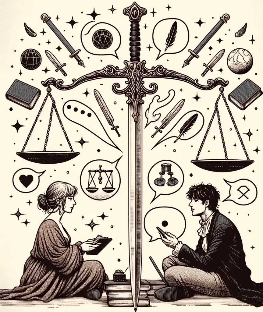 Illustration of the upright Page of Swords tarot card in a love context. Two individuals sit facing each other, engaged in a deep conversation. They are surrounded by floating symbols of communication like speech bubbles, books, and quills. The presence of a sword between them points upwards, emphasizing open communication, but its sharp edge is a reminder of the potential harm of careless words. The background shows a balance scale, symbolizing the harmony between words and actions.