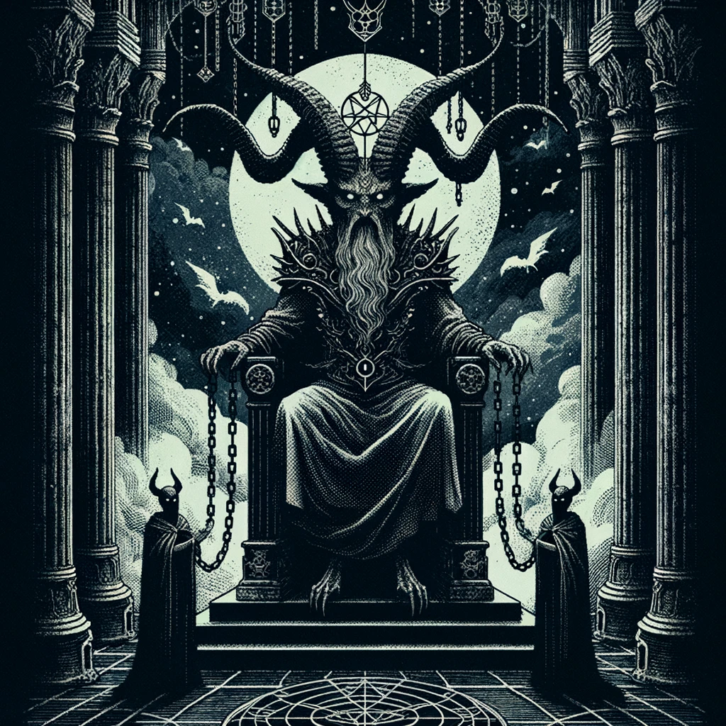 Artistic illustration of a tarot card inspired by 'The Devil', showcasing a horned, mythical figure seated on a dark throne, with chains loosely draped around two figures standing beside the throne, set against a dimly lit cavern background, symbolizing temptation, control, and mystery.
