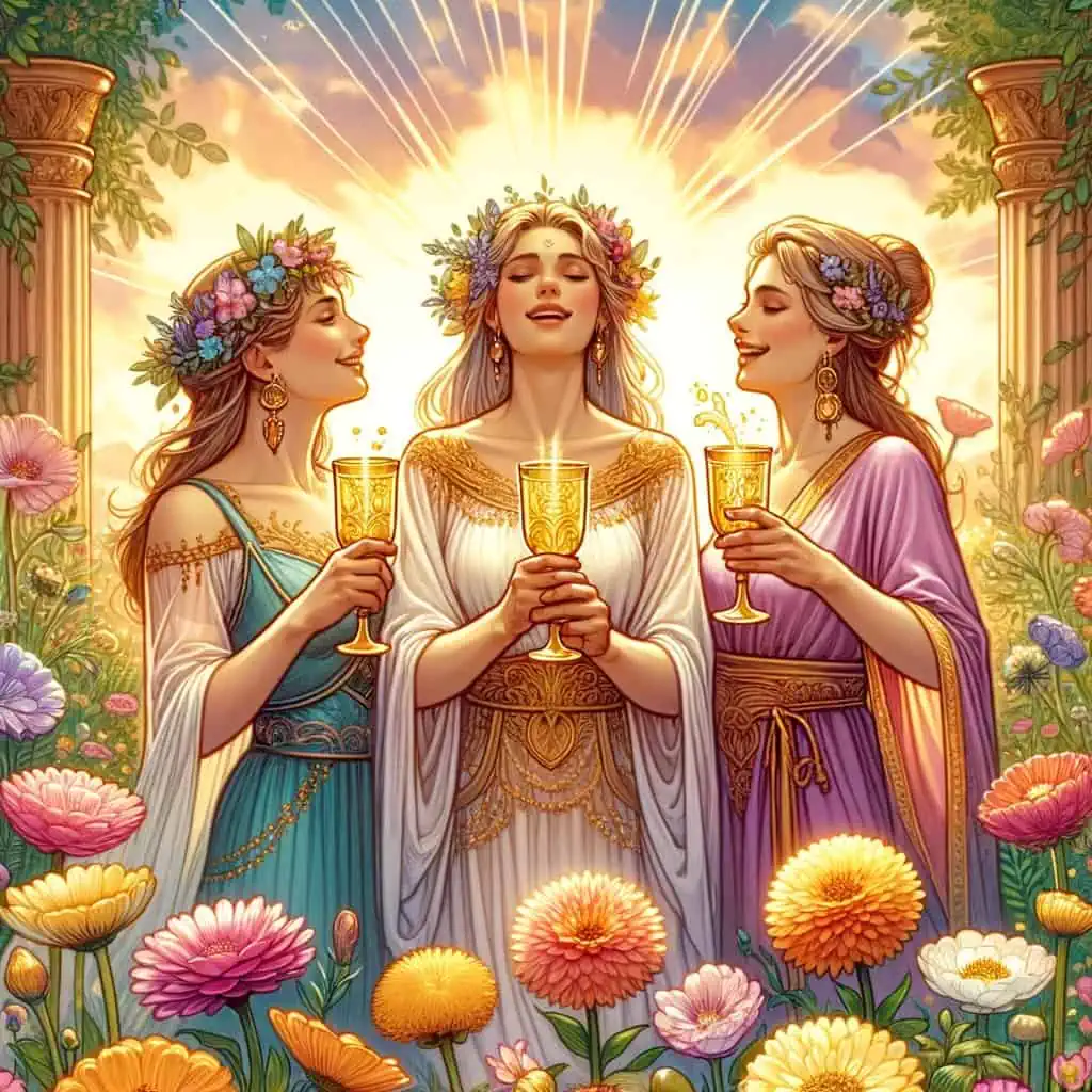 A vibrant image depicting three women of diverse ethnicities toasting with cups, surrounded by a festive ambiance with floral decorations. They are dressed elegantly, symbolizing celebration and joy. This illustrates the essence of the Three of Cups tarot card, representing friendship, togetherness, and shared happiness in a relationship or love context. The atmosphere conveys warmth and the spirit of a special occasion, like an engagement or a wedding, emphasizing the card's theme of communal bliss and the deepening of emotional bonds.