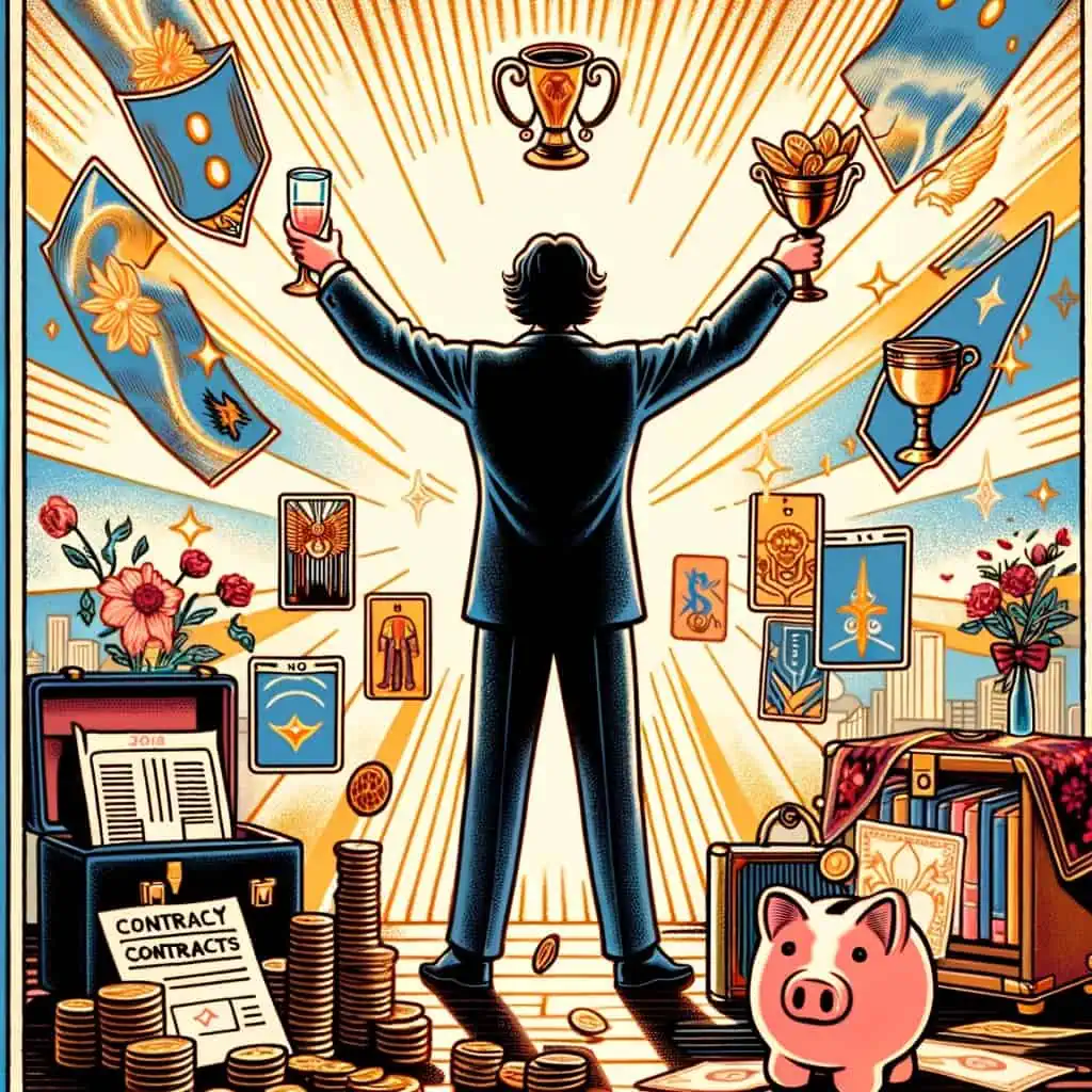 Illustration of the upright Nine of Cups in a career and financial setting, symbolizing success, having your own business, achieving a dream job, and a stable financial situation.