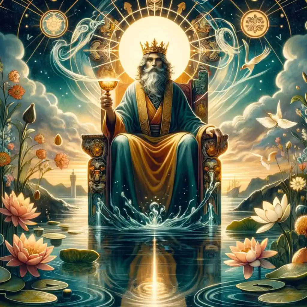 a figure of emotional balance and wisdom, seated on a throne with water motifs, holding a cup emitting a healing glow