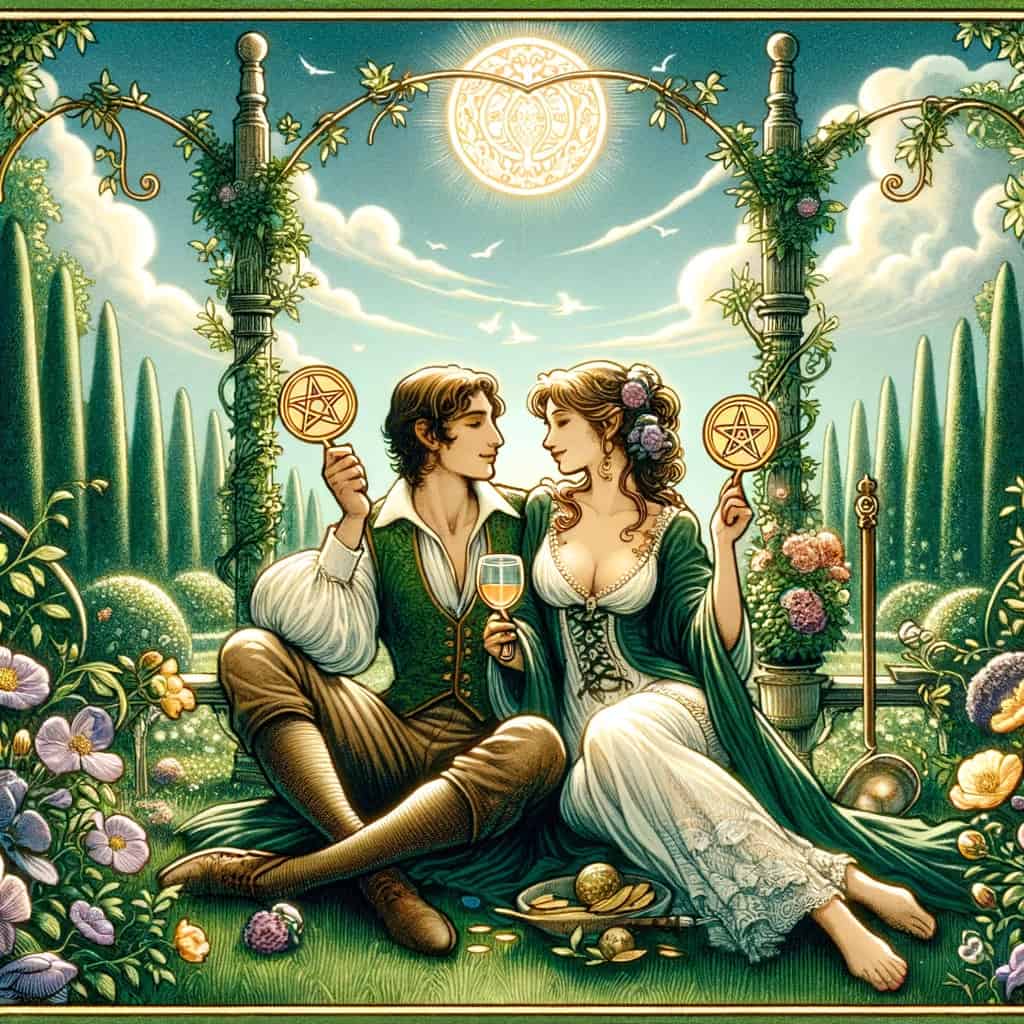 A tarot card with a couple in a garden, holding pentacles, symbolizing harmony and mutual respect in a mature, balanced relationship.