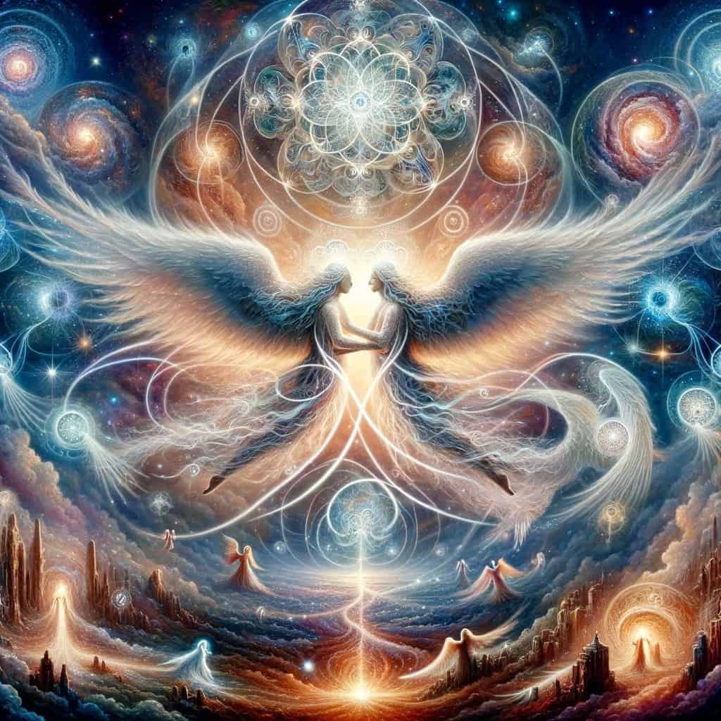 A mystical and spiritually rich depiction of twin flames associated with angel number 14. The image shows ethereal figures representing two deeply connected souls, set against a cosmic background, symbolizing divine guidance.