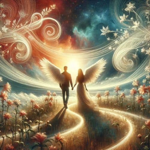 A couple walking on a symbolic path with the number 234, representing growth and companionship