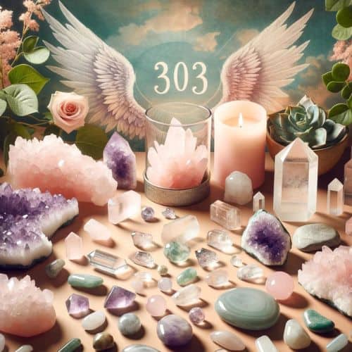 Rose Quartz, Amethyst, Clear Quartz arranged serenely, channeling Angel Number 303s energy
