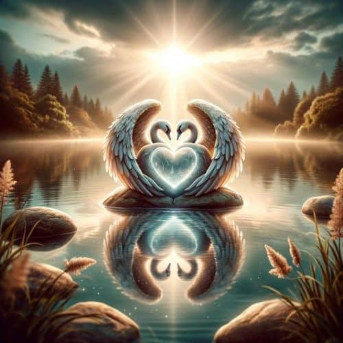 Heart-shaped stone or swans in a pond, depicting harmony and love under 313