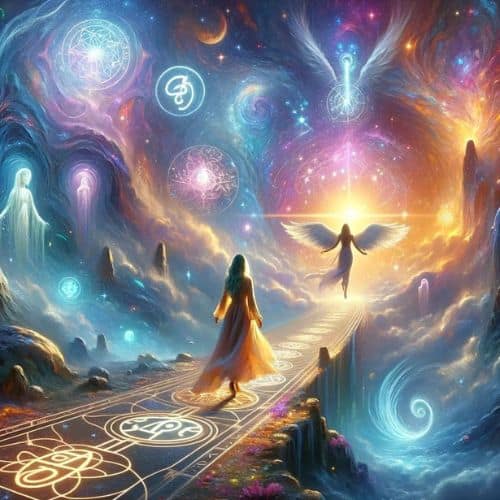 Woman traveling through mystical landscape under Angel Number 414