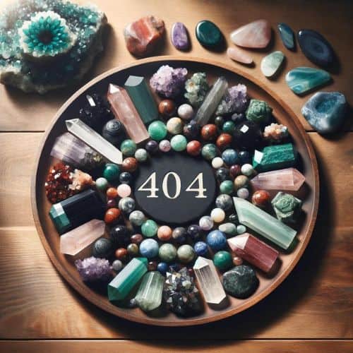assortment of crystals including black tourmaline, red jasper, fluorite, and green aventurine, arranged in a harmonious circle