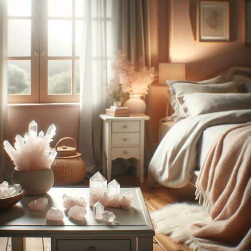Rose Quartz crystals placed on a nightstand