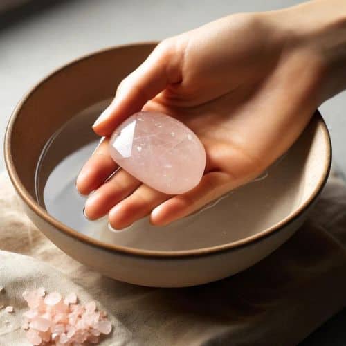 the process of cleansing Rose Quartz with water and salt