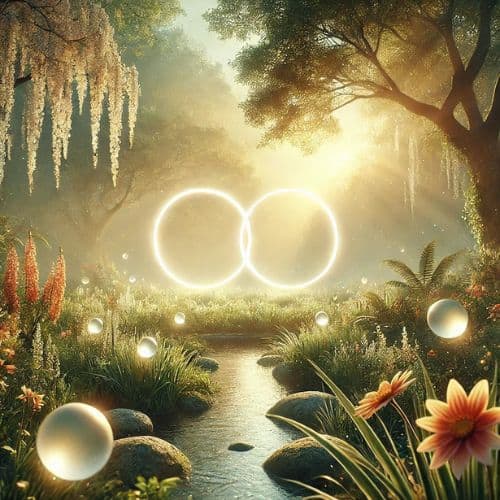 garden at dawn, featuring two circular stone arches