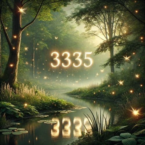 mystical forest scene at dawn, with the number 3335 formed by glowing fireflies